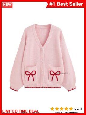 Oversized Bow Print V Neck Chunky Knit Cardigan Sweater